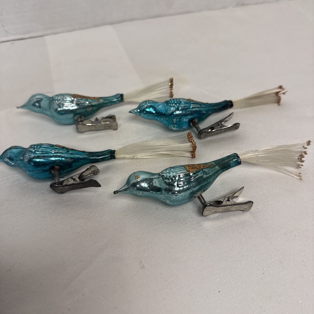 Vintage Mercury Glass Blue Gold Glitter Clip-on Birds Spun Glass Tails Christmas